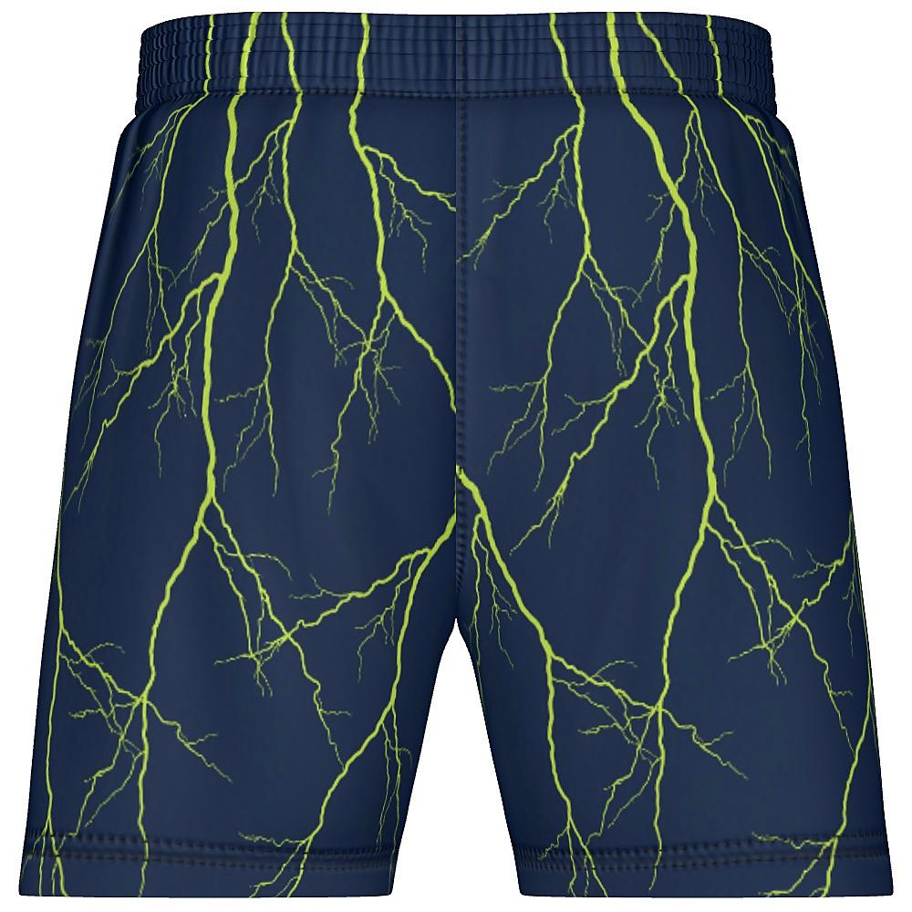 Navy shorts with yellow lightning design on a white background