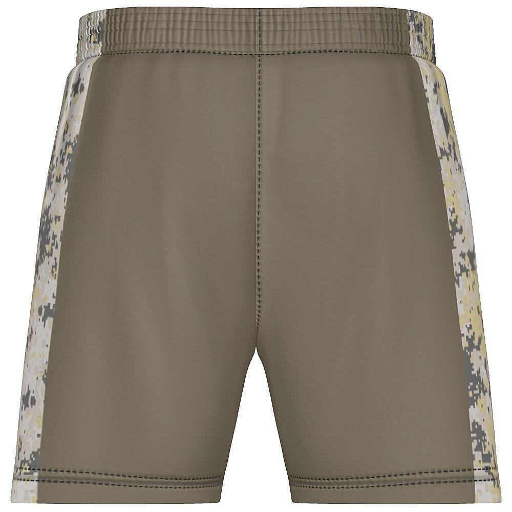 Earth-tone shorts with digital camo design on a white background