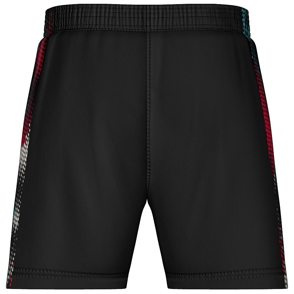 Black shorts with multicolored dot pattern on a white background