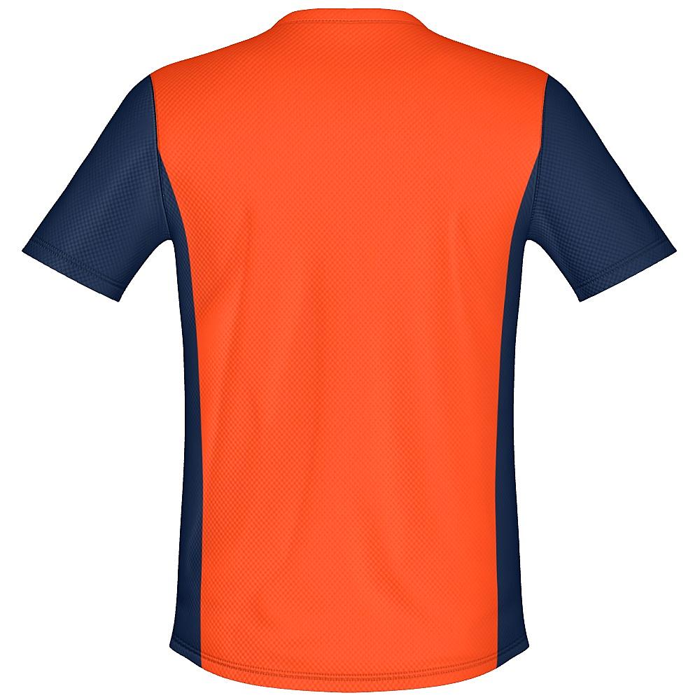 Orange shirt with navy sleeves and side panels on a white background