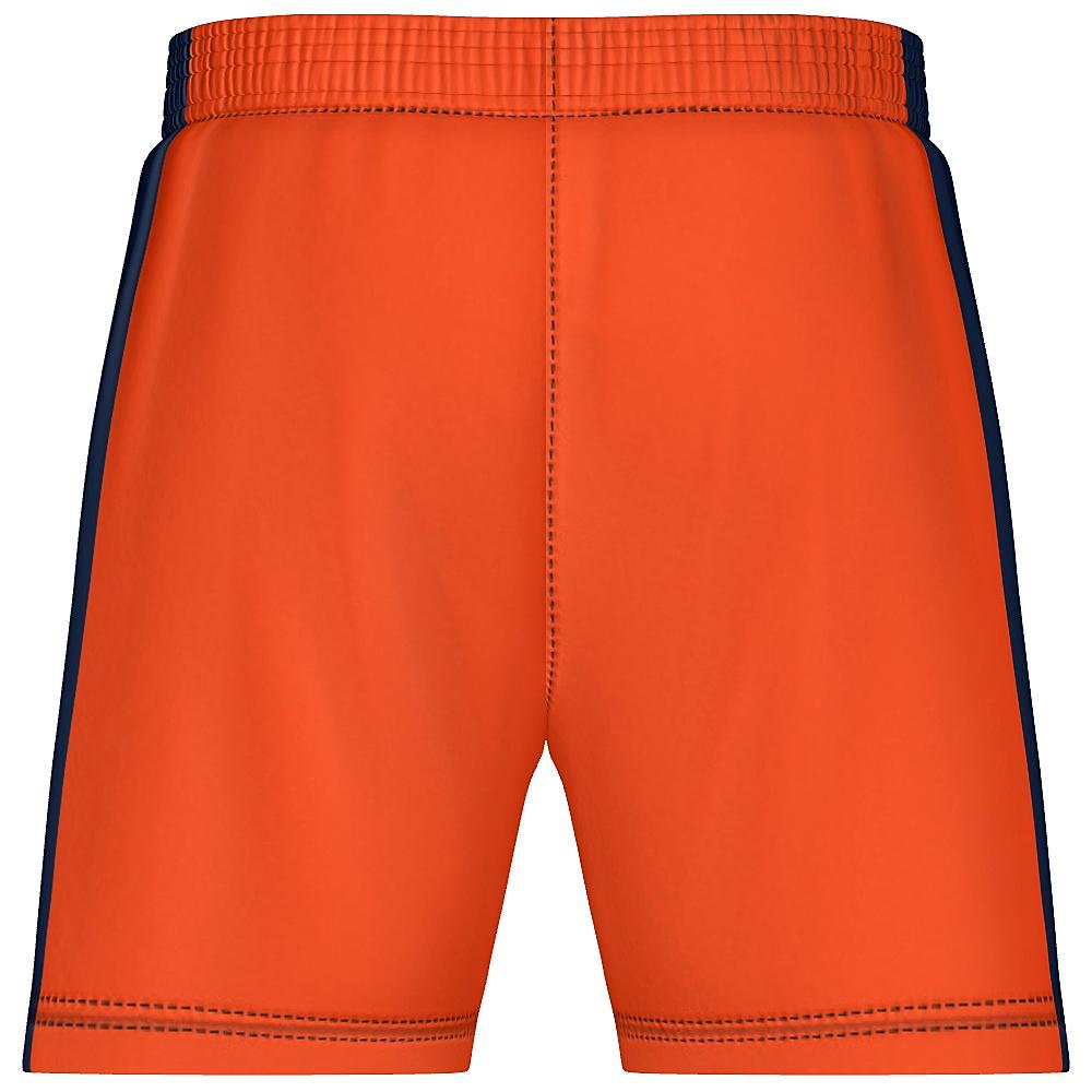 Orange shorts with navy side panels on a white background