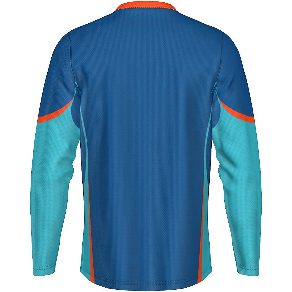 Blue long-sleeve top with teal and orange accents on a white background