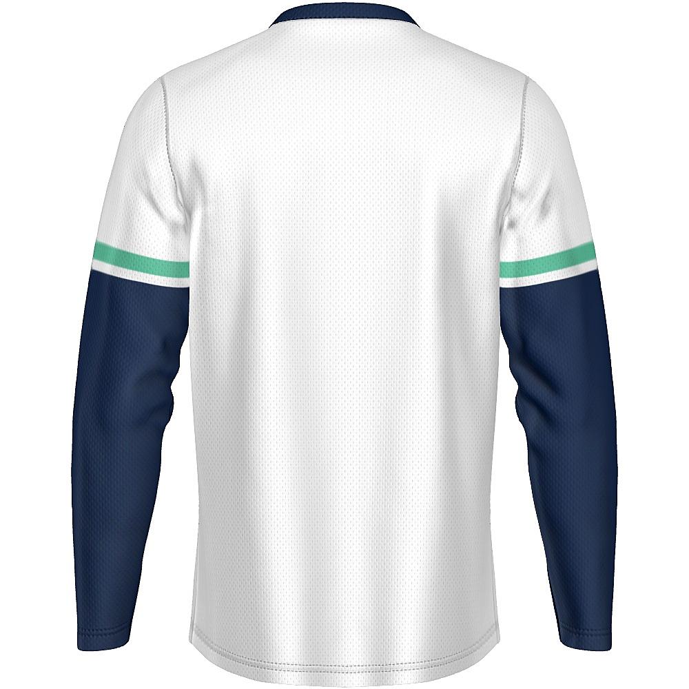 White long-sleeve shirt with navy and green accents on a white background