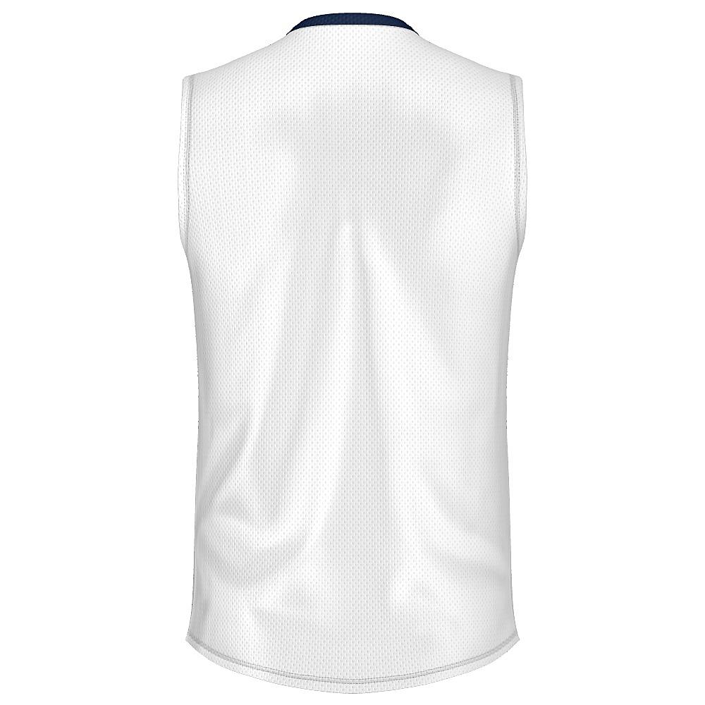 White sleeveless shirt with navy collar on a white background