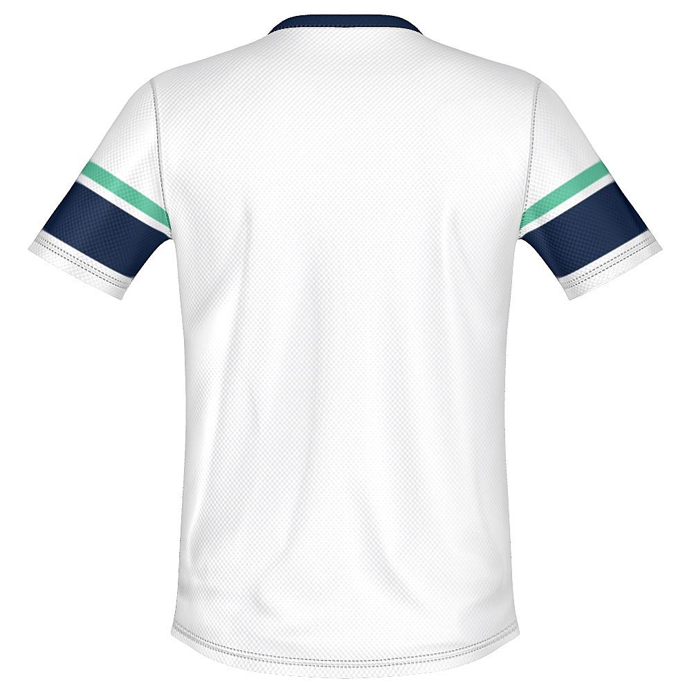 White shirt with navy and green accents on a white background