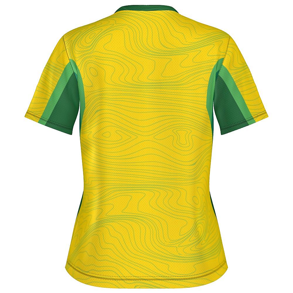 Yellow shirt with topography design and green accents on a white background