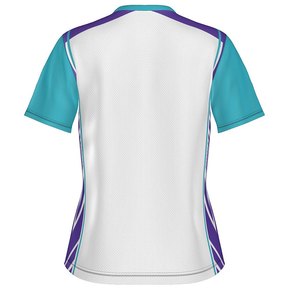 White shirt with teal and purple accents on a white background