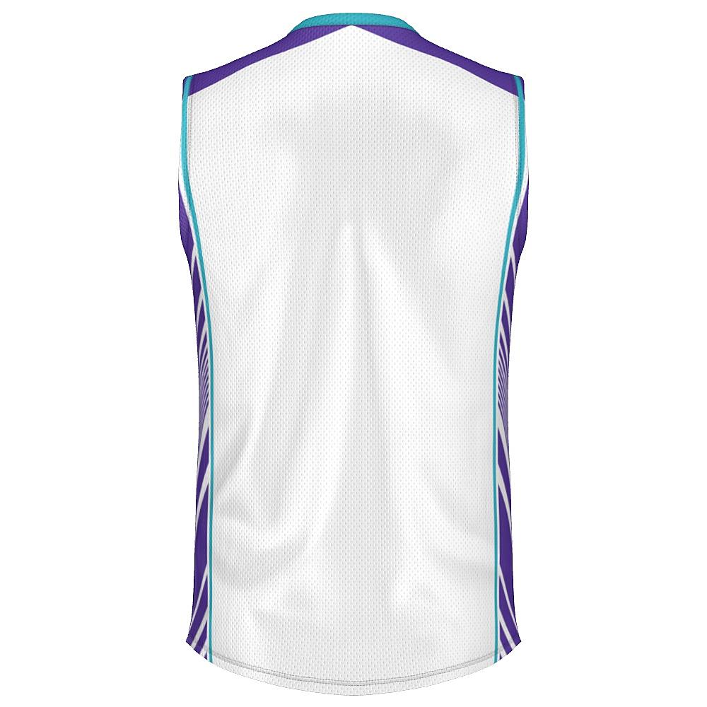White sleeveless shirt with teal and purple accents on a white background