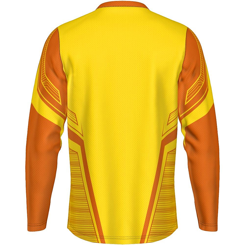 Yellow long-sleeve shirt with orange accents on a white background
