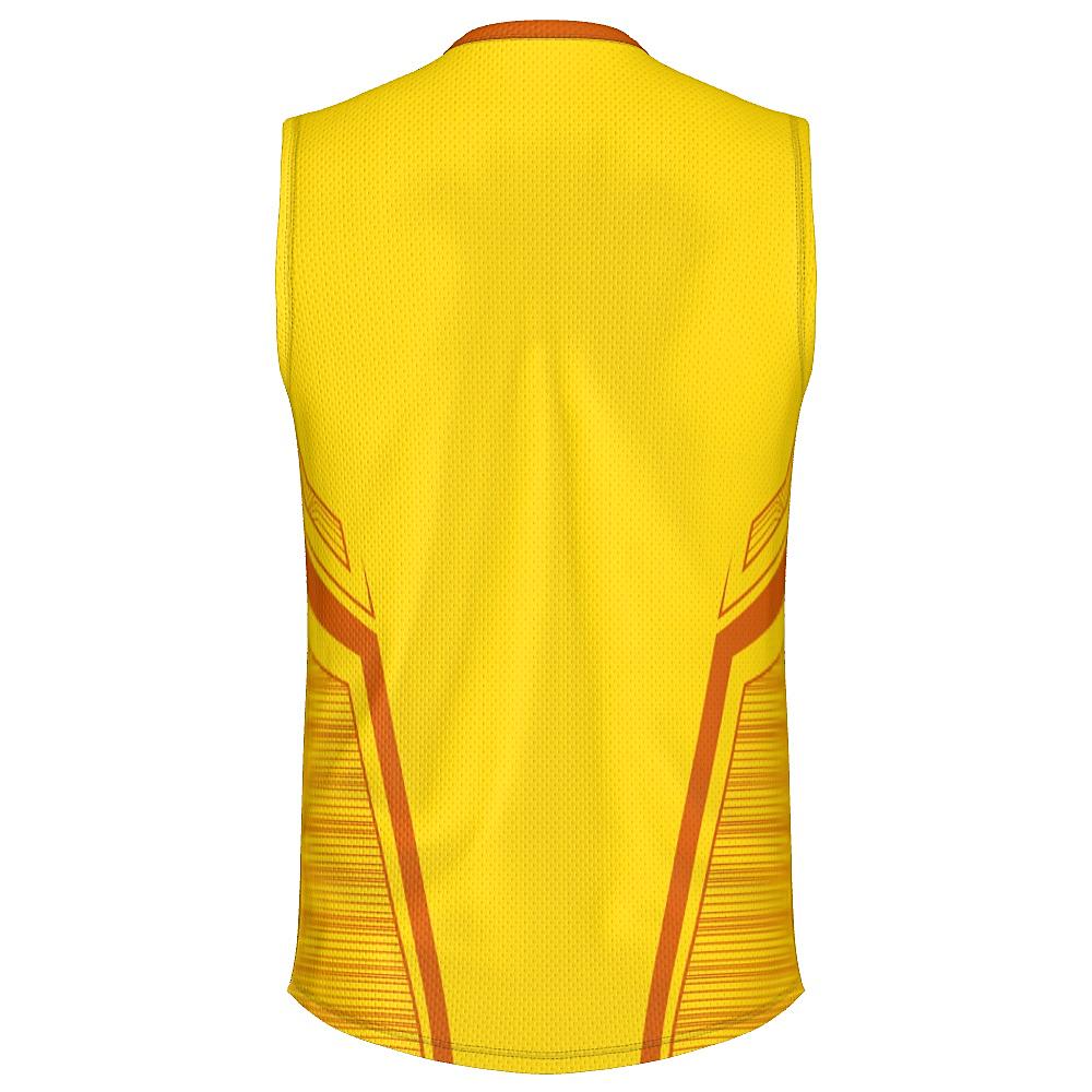 Yellow sleeveless shirt with orange accents on a white background
