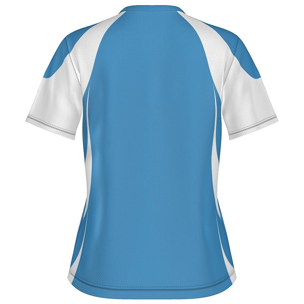 Blue shirt with white accents on a white background