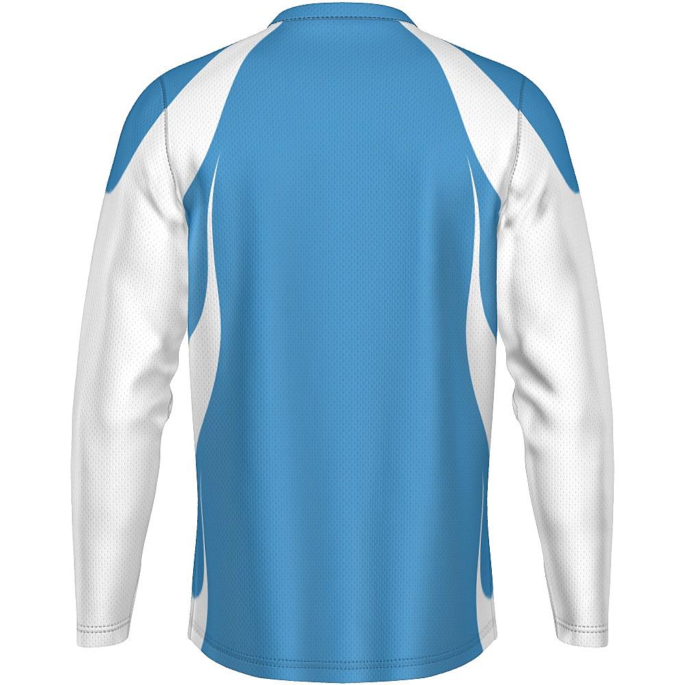 Blue long-sleeve shirt with white accents on a white background