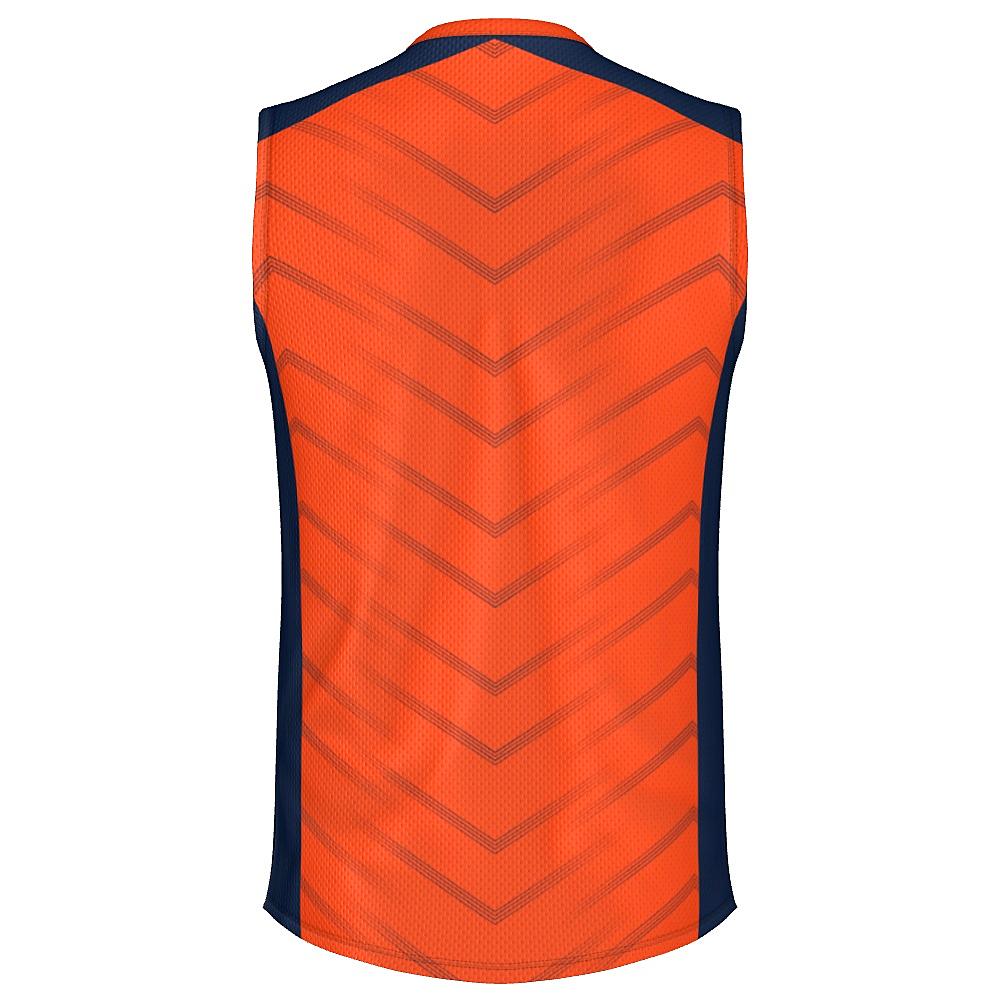 Orange sleeveless shirt with navy accents and chevron design on a white background