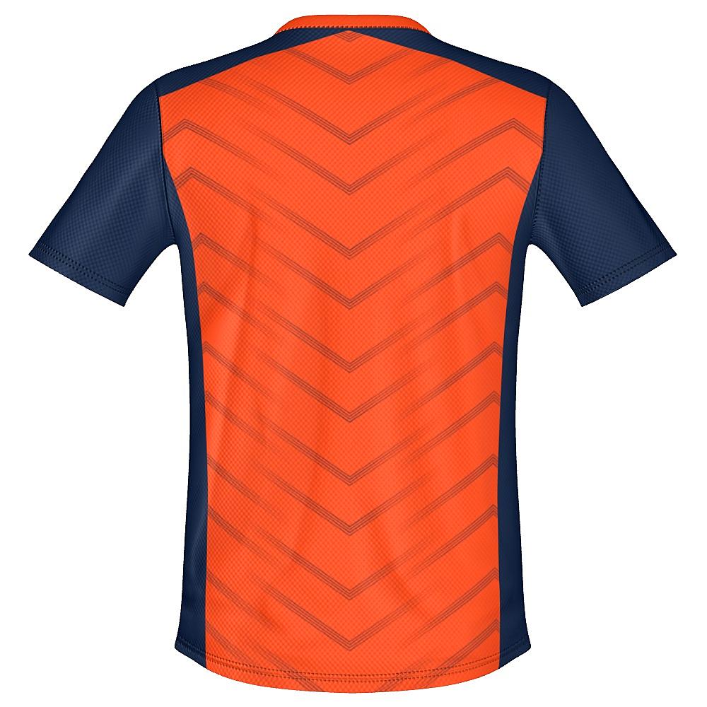 Orange shirt with navy accents and chevron design on a white background