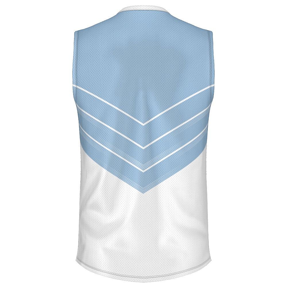 Blue and white sleeveless shirt with chevron design on a white background