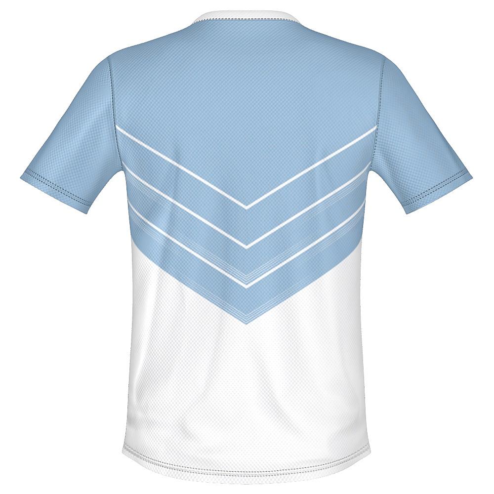 Blue and white shirt with chevron design on a white background