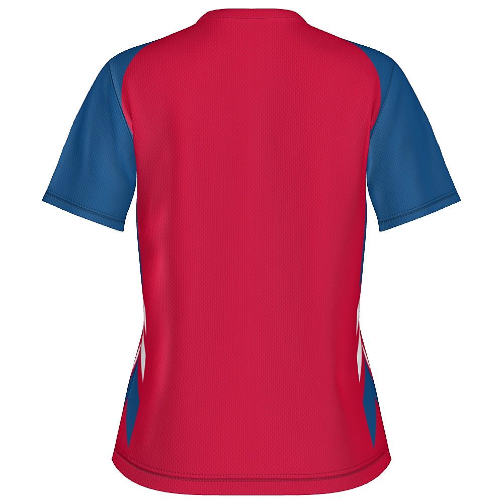 Red shirt with blue and white accents on a white background