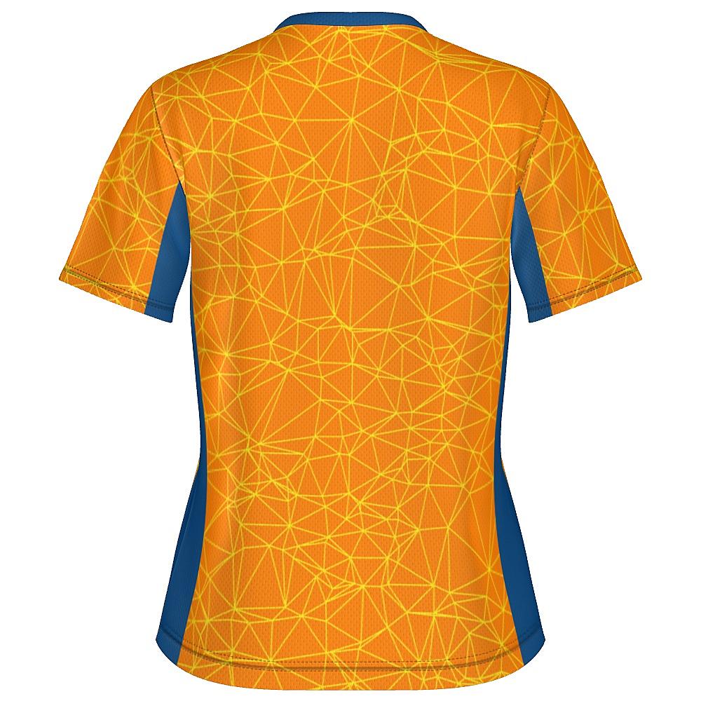 Orange shirt with yellow geometric design and blue accents on a white background