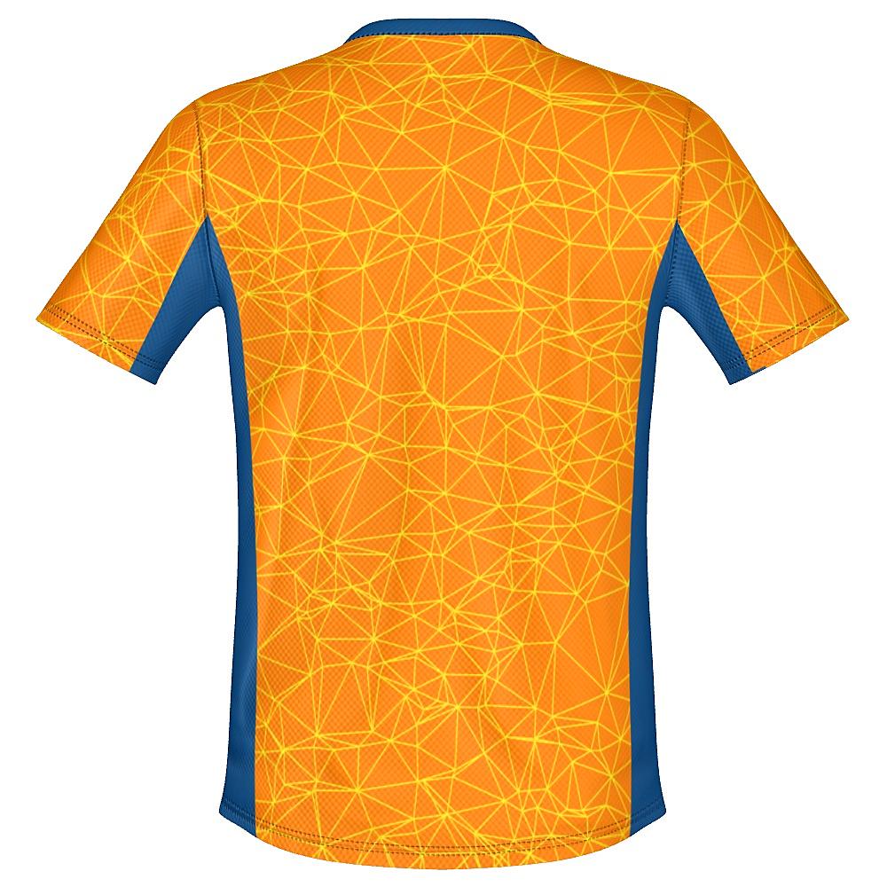 Orange shirt with yellow geometric design and blue accents on a white background