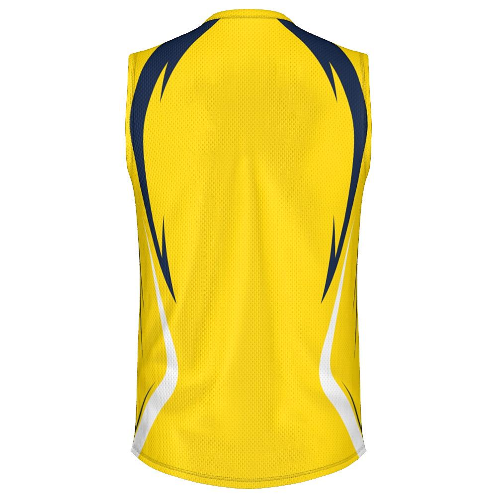 Yellow sleeveless shirt with navy and white accents on a white background