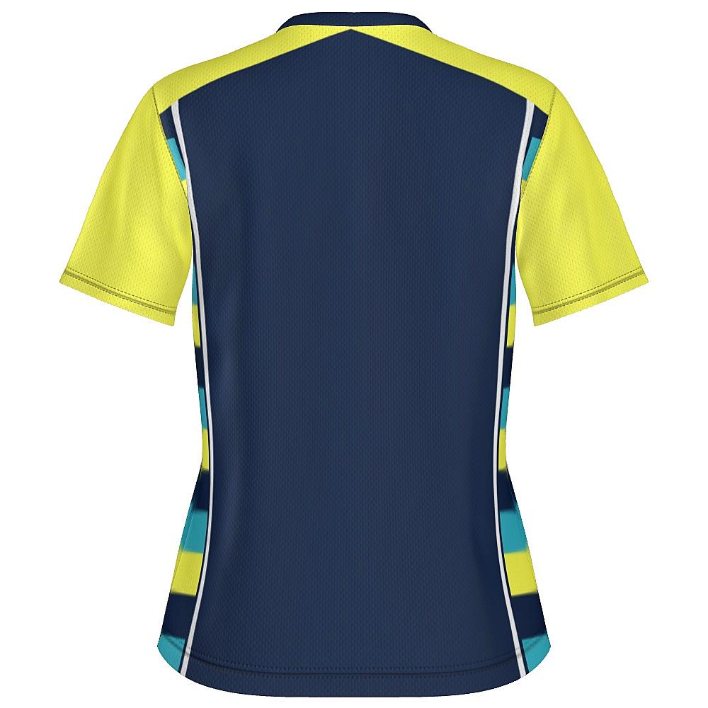 Navy shirt with yellow sleeves and striped side panels on a white background