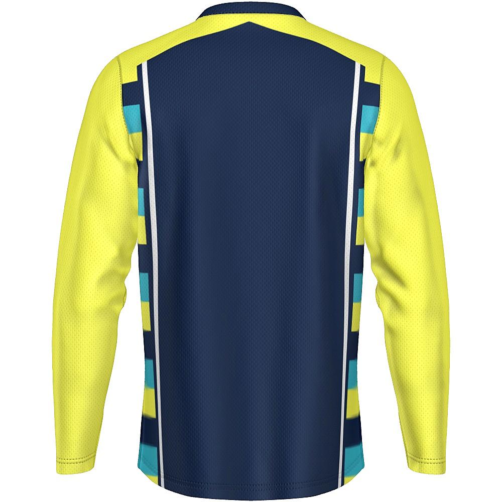 Navy long-sleeve shirt with yellow sleeves and striped side panels on a white background