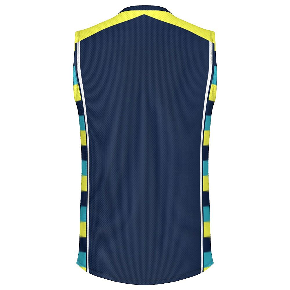Navy sleeveless shirt with yellow shoulders and striped side panels on a white background