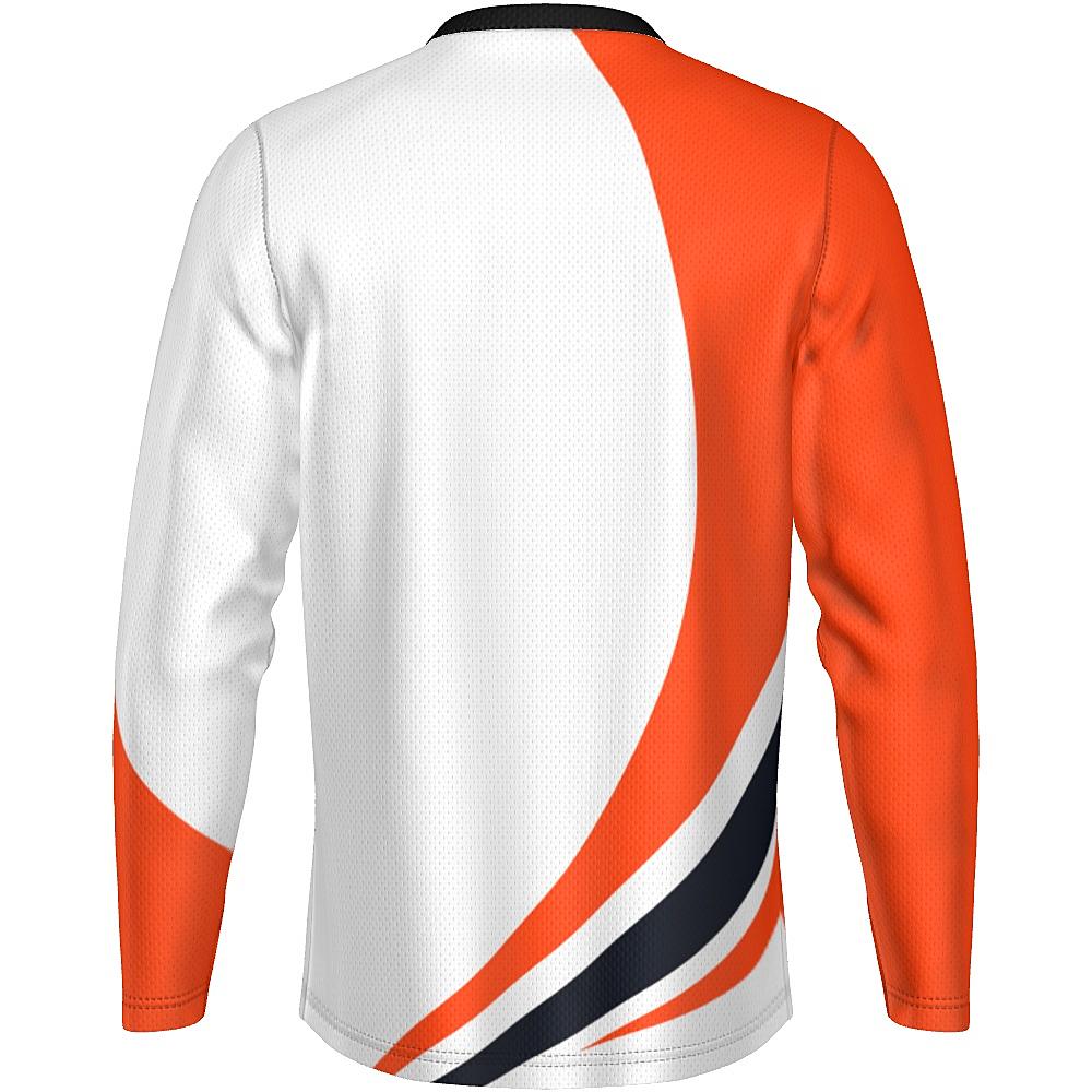 White long-sleeve shirt with black and orange curved stripes on a white background