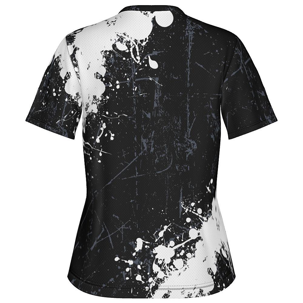 Black shirt with white and grey distressed design on a white background