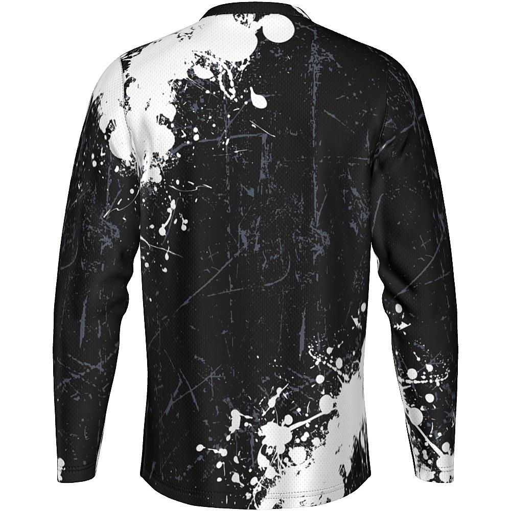 Black long-sleeve shirt with white and grey distressed design on a white background