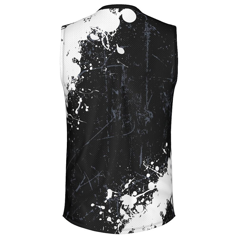 Black sleeveless shirt with white and grey distressed design on a white background