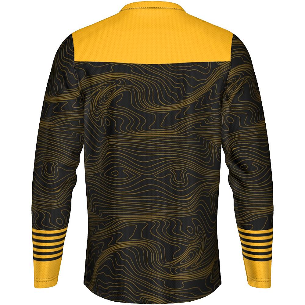 Black long-sleeve shirt with yellow accents and topographic design on a white background