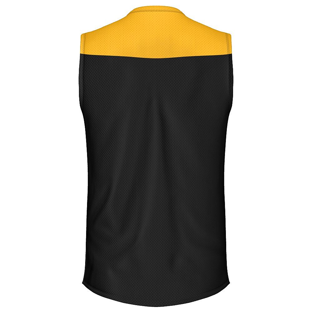 Black sleeveless shirt with yellow shoulders on a white background