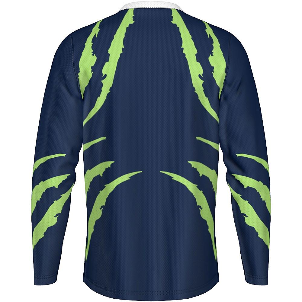 Blue long-sleeve shirt with green accents on a white background
