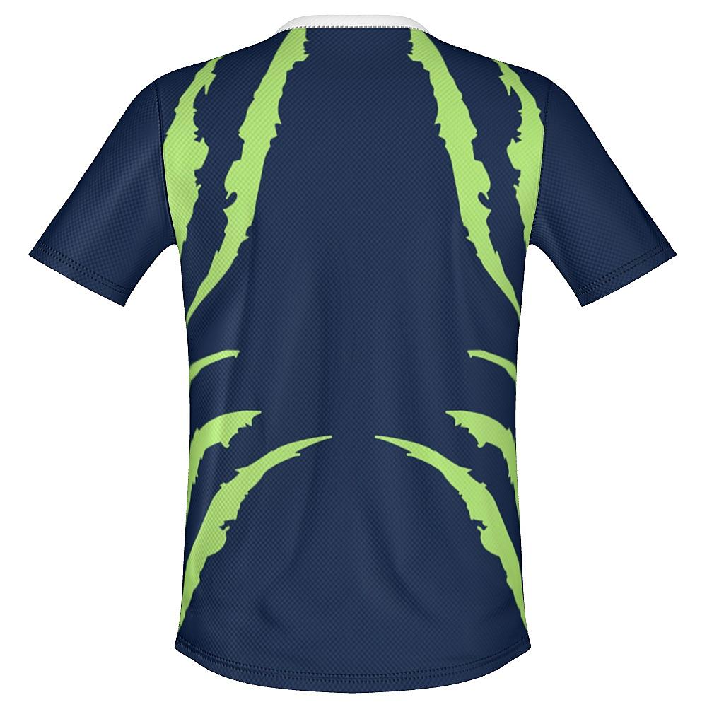 Blue shirt with green accents on a white background