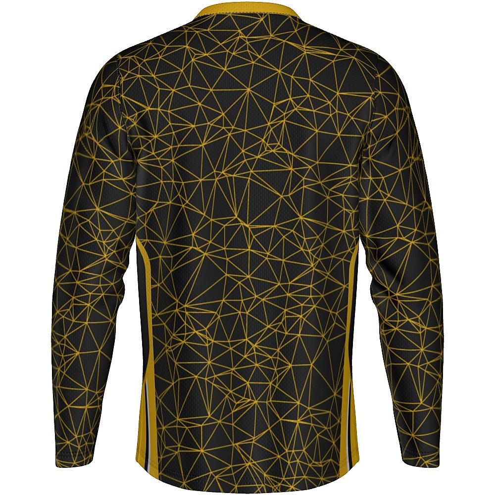 Black long-sleeve shirt with yellow geometric design on a white background