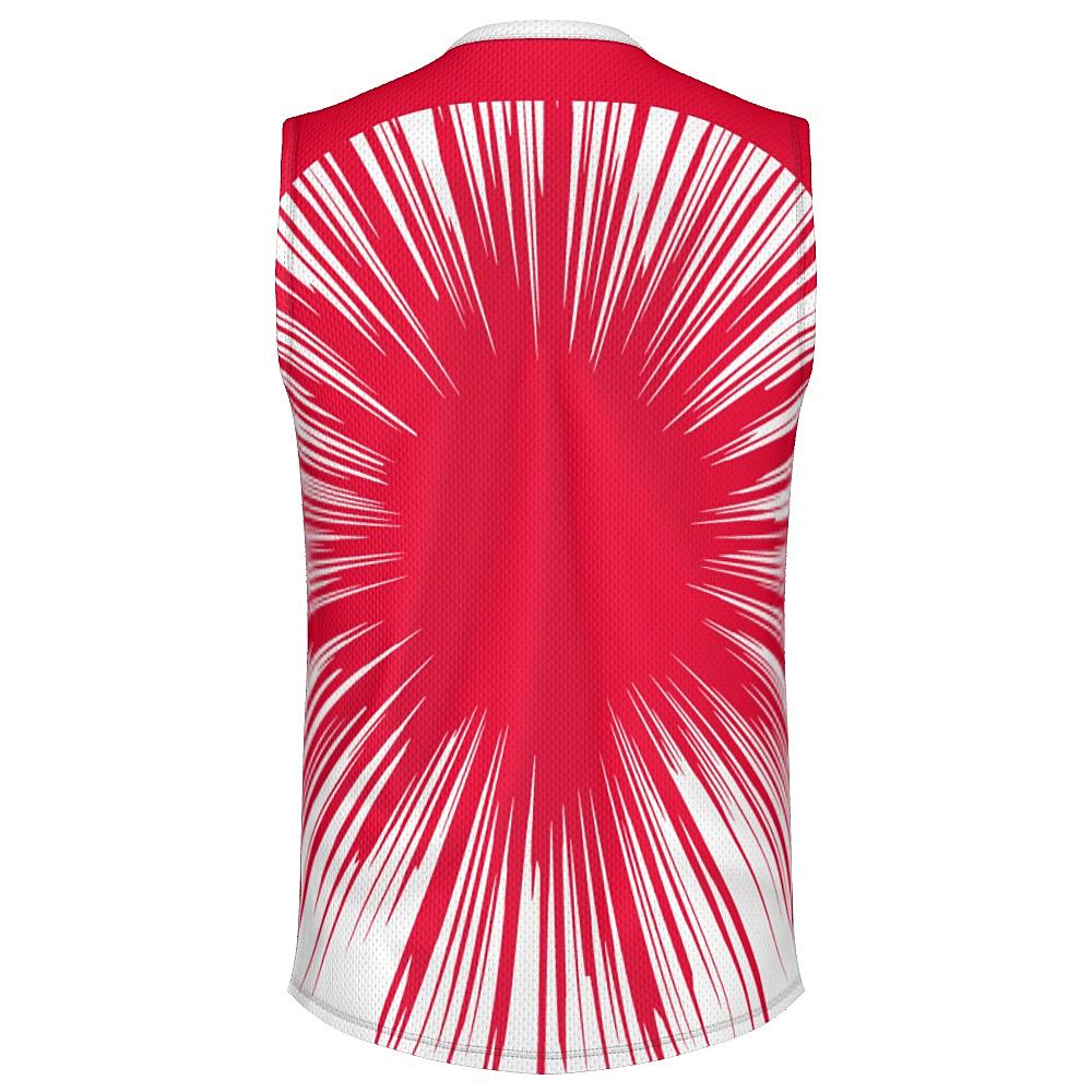 Red sleeveless shirt with starburst design on a white background