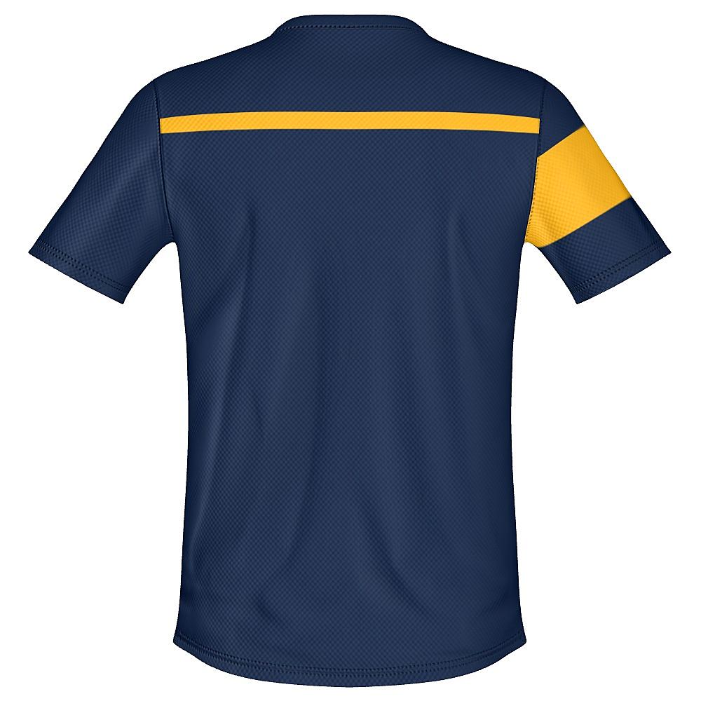 Navy shirt with yellow stripes on a white background