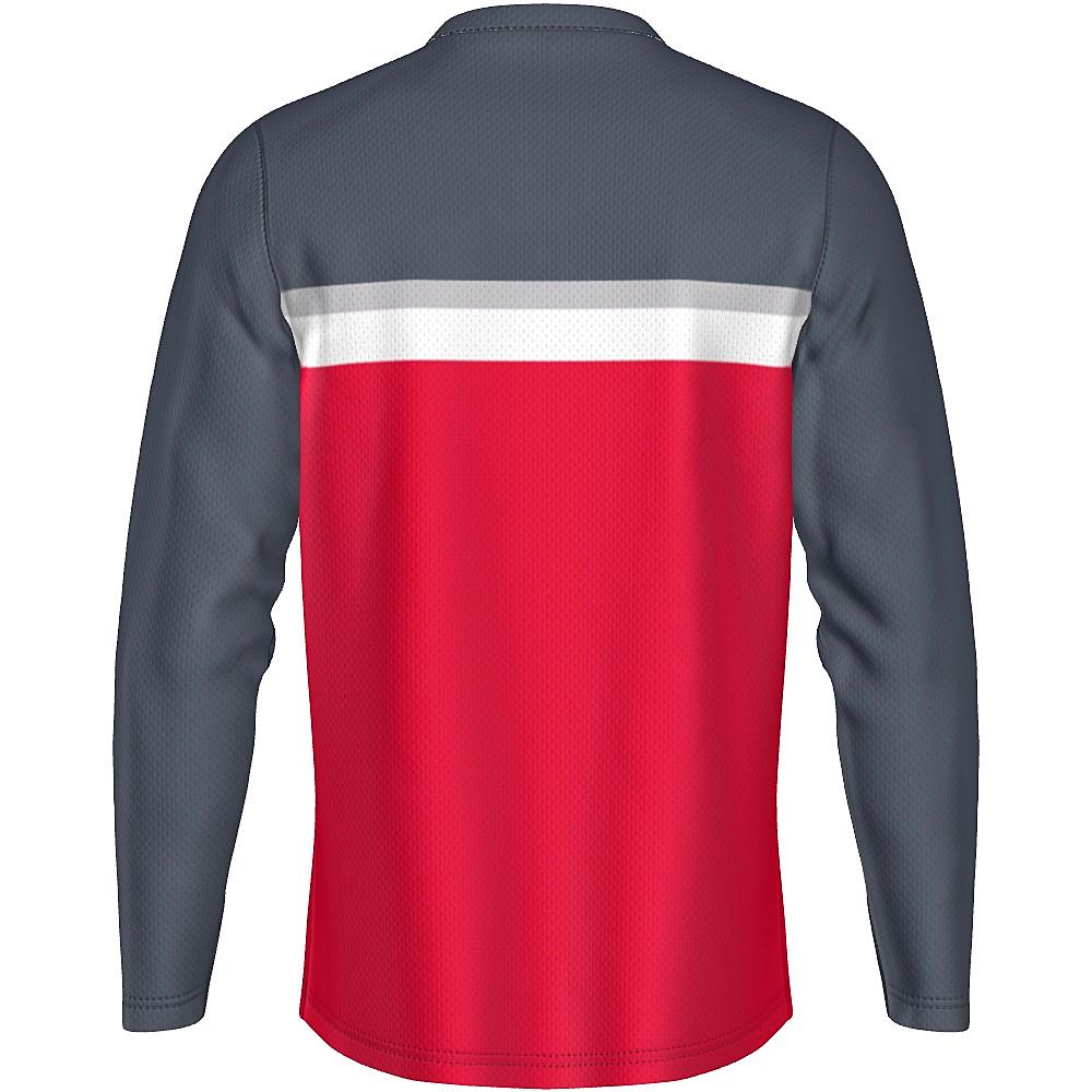 Grey long-sleeve shirt with white and red accents on a white background