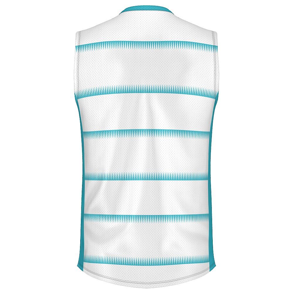 White sleeveless shirt with teal sleeves and sawtooth stripes