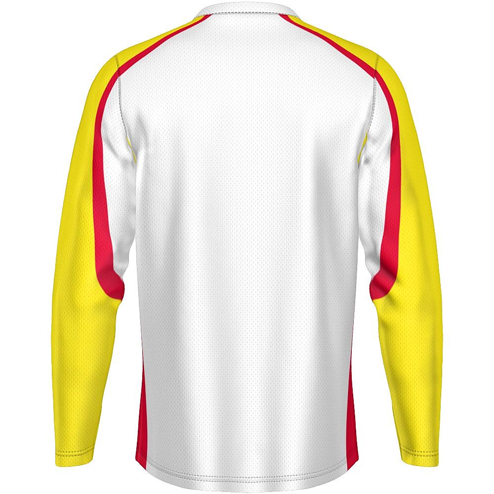 White long-sleeve shirt with yellow and red accents on a white background