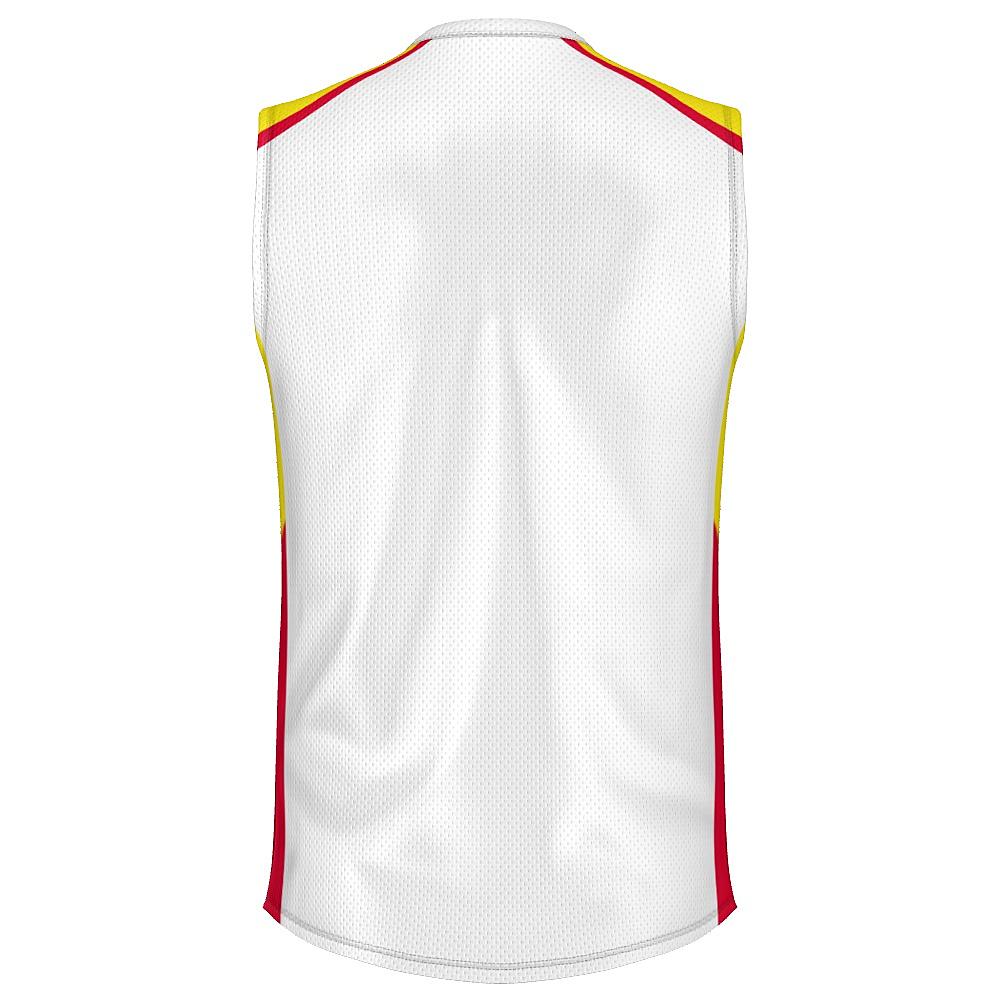 White sleeveless shirt with yellow and red accents on a white background