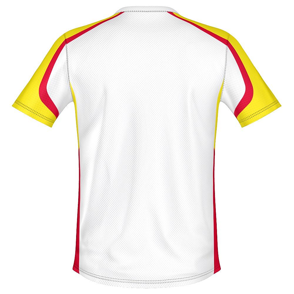 White shirt with yellow and red accents on a white background