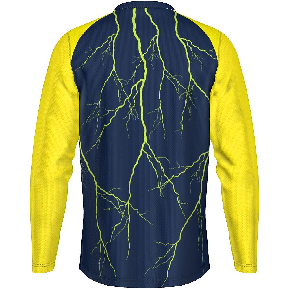 Navy long-sleeve shirt with yellow sleeves and lightning design on a white background