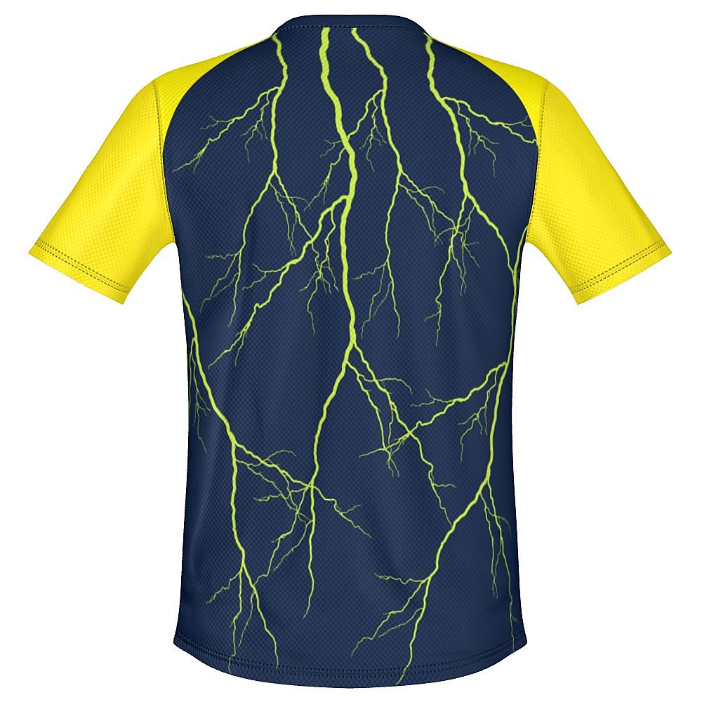 Navy shirt with yellow sleeves and lightning design on a white background