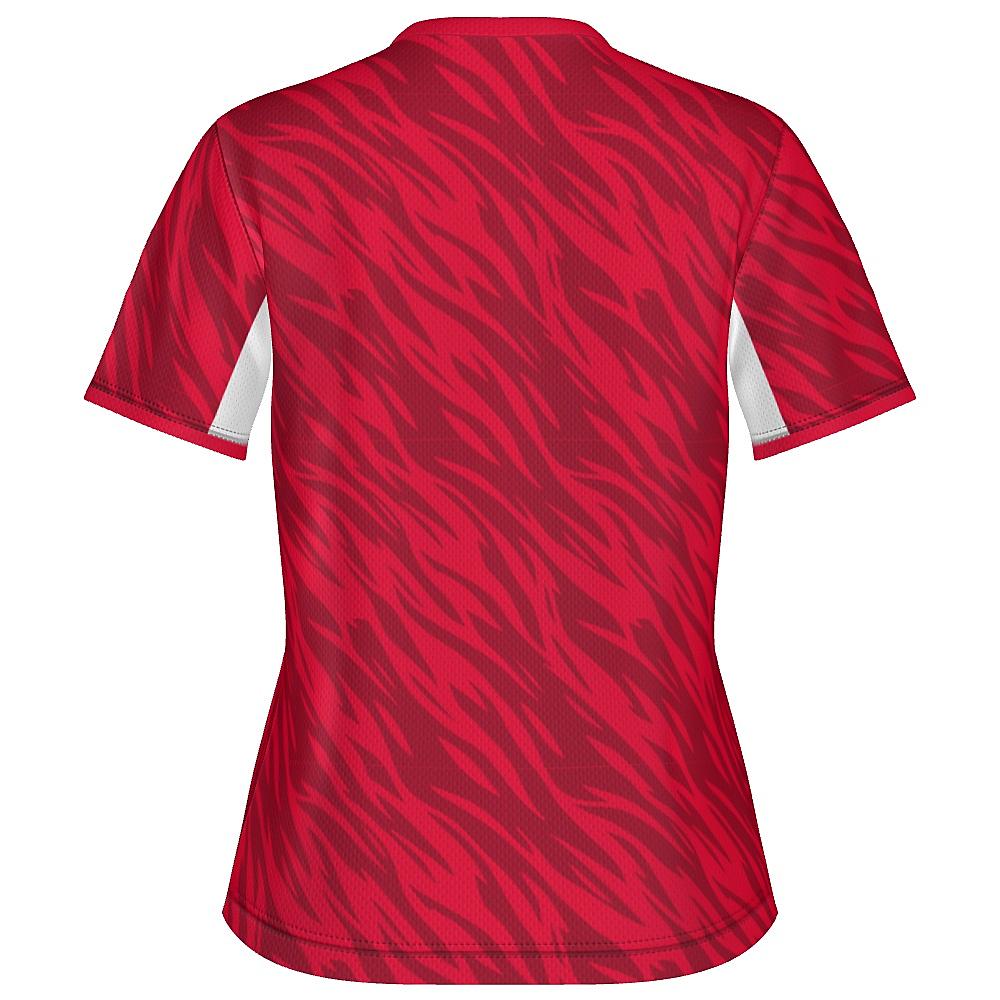 Red shirt with wavy design and white accents on a white background