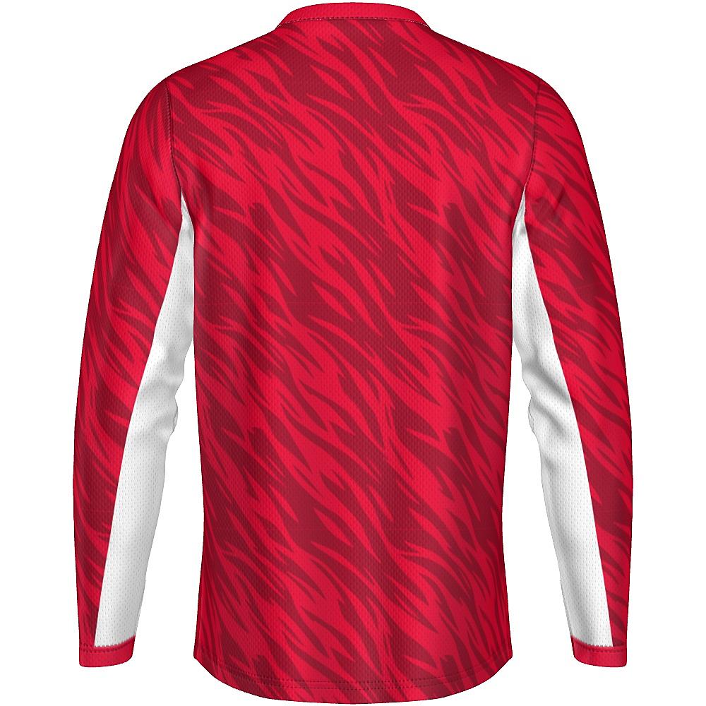 Red long-sleeve shirt with wavy design and white accents on a white background