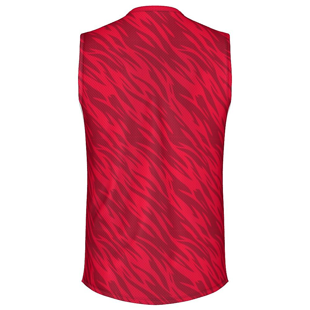 Red sleeveless shirt with wavy design and white accents on a white background