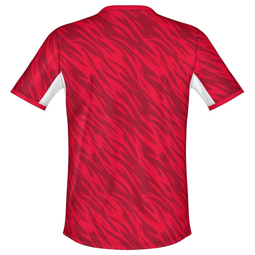 Red shirt with wavy design and white accents on a white background