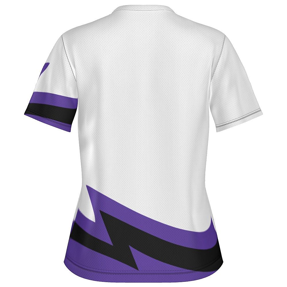 White shirt with black and purple accents on a white background
